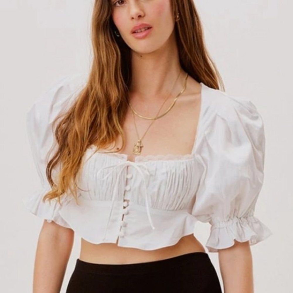 For Love & Lemons Carey Crop Poplin Top Medium NWT White Cottagecore Puff